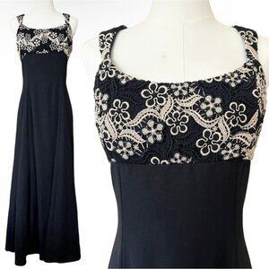 Vintage Y2K Black Formal Maxi Dress Gold Flower Lace Evening Gown Women S Prom